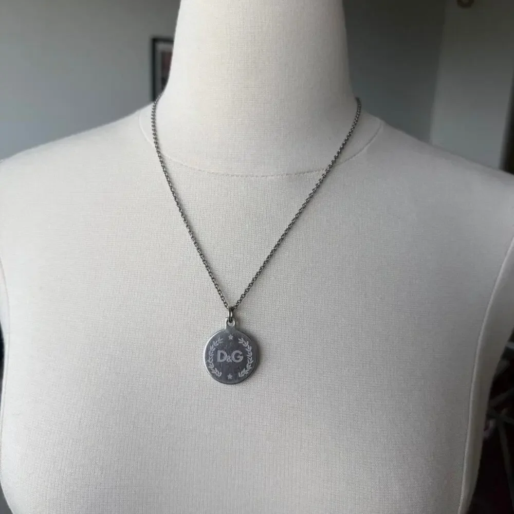 D&G Dolce & Gabbana Silver Logo Medallion Pendant Necklace